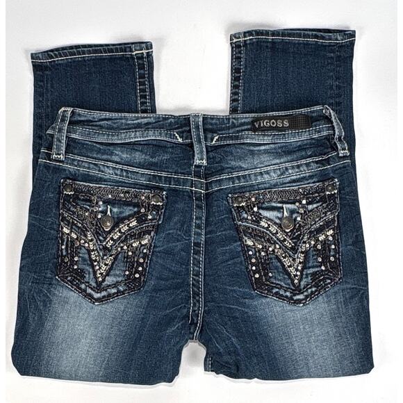 Vigoss Heritage Fit Capri Jeans Womens 6 Inseam 21 Mid Rise Flap Pockets Bling - Picture 1 of 10